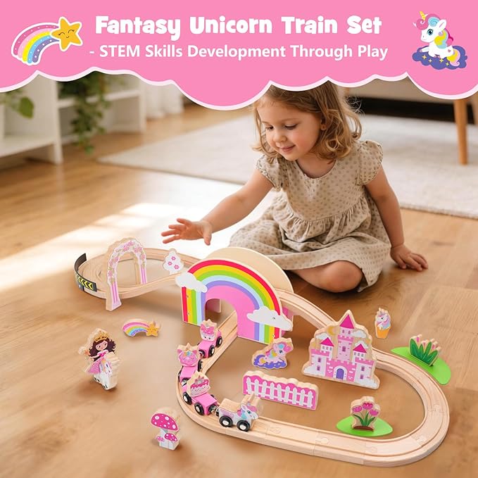 SIMPLIPLAY Wooden Train Set - 43PCS Unicorn Magnetic Toy Train Sets with Wooden Train Tracks & Bridge for Girls Toddlers, Enhance Fine Motor Skills, Ideal for Birthday