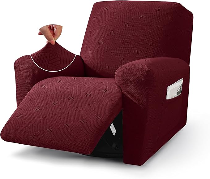 JIVINER Oversized Recliner Chair Covers, 3 Piece Slipcovers for Large Recliner Chair Soft Jacquard Reclining Chair Protector Slipcovers for Dogs,Cats (X-Large, Wine Red)