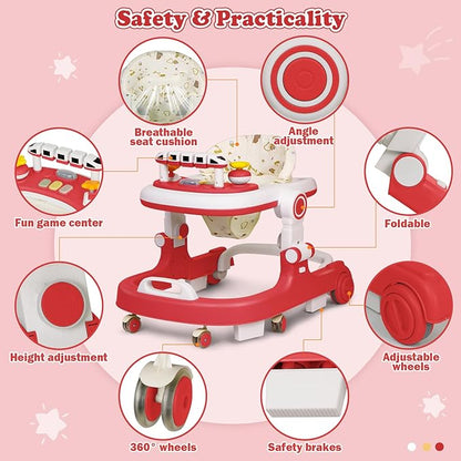 Baby Walker with Wheels, 4 in 1 Foldable Baby Walkers for Boys Girls 6-18 Months, 3 Level Height Adjustment with Bouncing, Feeding Tray & Music, Baby Walker with Activity Center, Toddler Push Walker
