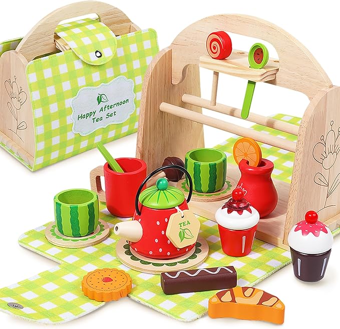 Wooden Tea Party Set for Toddler - Wooden Tea Set Pretend Role Play Kitchen Toy with Carrying Case, 3-5 Year Old Kids Girls Boys Birthday