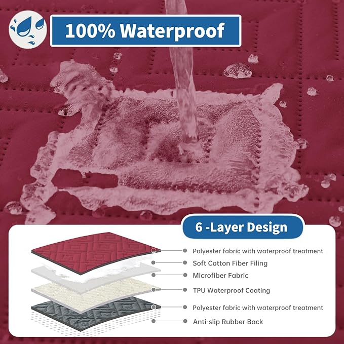 XINEAGE 100% Waterproof Recliner Cover, Non Slip Recliner Chair Cover with Elastic Band, Washable Recliner Slipcover with Storage Pockets for Kids, Pets (Wine Red, 30")