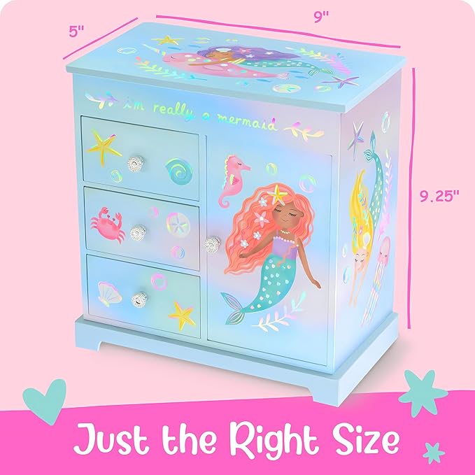 Mermaid Musical Jewelry Box for Girls - Kids Music Box with Drawers, Mermaid Gifts for Girls, Mermaid Jewelry Boxes for Ages 3-10 - 9 x 5 x 9.3 in,