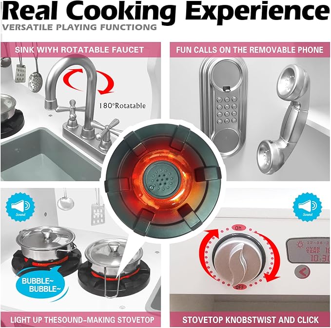 TaoHFE LED Upgrade Kitchen Set for Kids Wooden Play Kitchen LED Gas Tray with Sound Toy Kitchen Sets for Girls Gift Enjoy Cooking with Lights and Sounds White Kitchen for Toddlers Kids Kitchen Playset