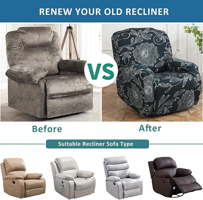 NILUOH Recliner Chair Covers 4-Pieces Stretch Lazy Boy Recliner Covers with Pocket Floral Pattern Reclining Slipcovers Soft Sofa Slipcover Furniture Protector for Pets Kids (Recliner, Pattern 02)