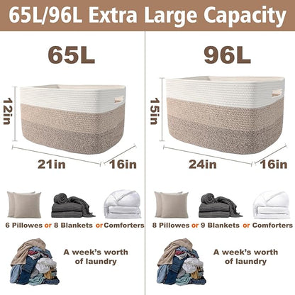 JMvicyroam Woven Blanket Basket,65L Large Storage Bin for Blankets Toys Clothes,Decorative Rope Basket for Living Room Bedroom with Handles, White&Brown