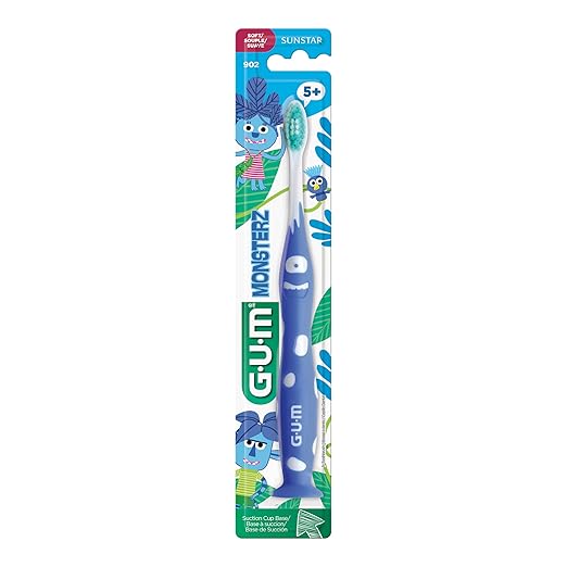 GUM Monsterz Jr Kids’ Toothbrush, Soft Bristled Children’s Toothbrush with Suction Cup, for Ages 5+, 1ct (6pk)