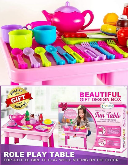 50-PCS Foldable Toy Table with Play Dishes and Tea Set for Little Girls - Kitchen Accessory Toys with Play Dish Sets, Play Food, Cutting Fruits, Toy Knife & Utensils | Gift for Toddler Girl