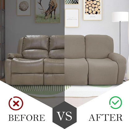 JIVINER 8-Piece Recliner Sofa Covers Stretch Jacquard Couch Covers for Recliner Slipcovers for Living Room 3 Cushion Soft Recliner Protector with Pocket (Sofa Recliner, Khaki)