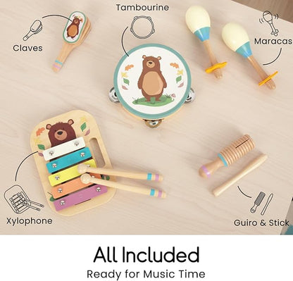 Wooden Musical Instruments Set for Toddlers, Natural Wood Percussion Instruments Xylophone Gift Set for Girls Boys Kids ,Preschool Educational Musical Toys with Storage Bag (Blue Set)
