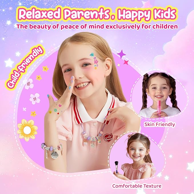 Kids Makeup & Jewelry Kit for Girls - Washable Real Cosmetics Set with Bracelet-Making for Children Toddler, Princess Dress-Up Toy, Ideal Winter Birthday Gift for 4-12 Year Olds (Pink)
