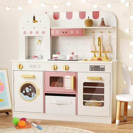 BIERUM Play Kitchen with Realistic Lights & Sounds, Wooden Kitchen Playset Chef Pretend Play Set for Toddlers, Toy Kitchen with 26 Pcs Toy Food & Cookware Accessories, Gift for Ages 3+ (White)