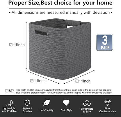 OIAHOMY Storage Cubes 11 Inch Storage Bins-3 Pack, Cotton Rope Woven Baskets for Organizing, Square Baskets for Shelves Organizer, Classroom, Toy Basket, DarK Grey
