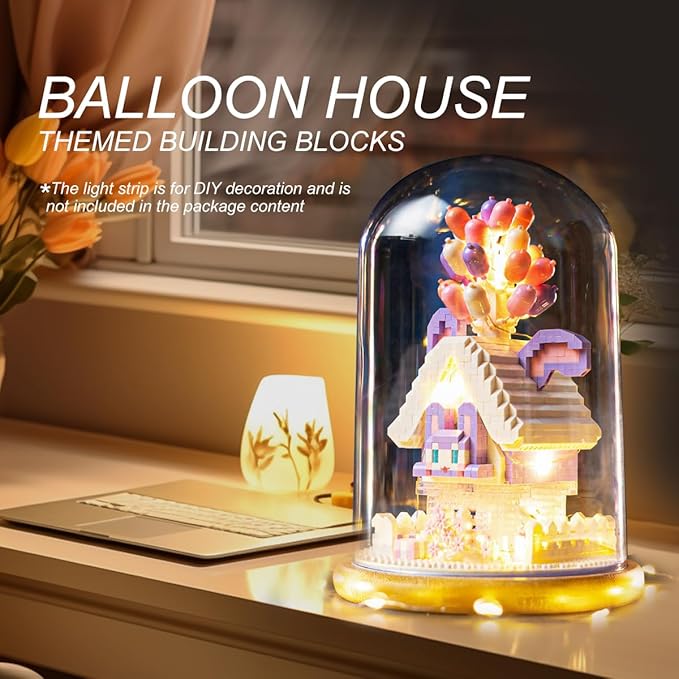 House Building Blocks Kit Toys Building Set, Miniature 1418 Pcs Micro Bricks Collectible Creative Teen Girl Gifts Age 14 and Up, Dust Cover, and Wooden Base Up Balloon Castle Set