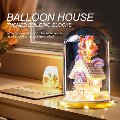 House Building Blocks Kit Toys Building Set, Miniature 1418 Pcs Micro Bricks Collectible Creative Teen Girl Gifts Age 14 and Up, Dust Cover, and Wooden Base Up Balloon Castle Set