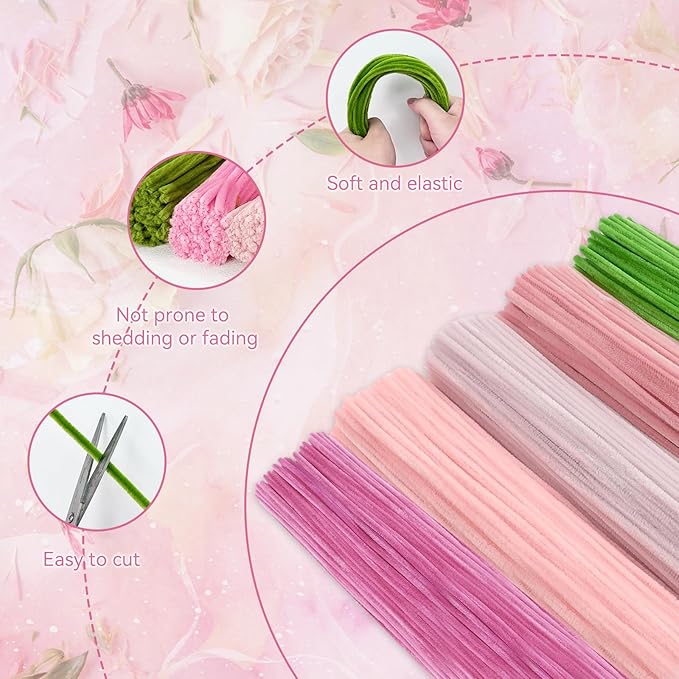 500 Pcs Thick Pipe Cleaners for DIY Flowers & Crafts – 5 Colors Chenille Stems with Glue Guns & Tape Measure – Perfect for Family Fun & Creativity, Holiday & Room Decorations (Pink, 12in x 8mm)