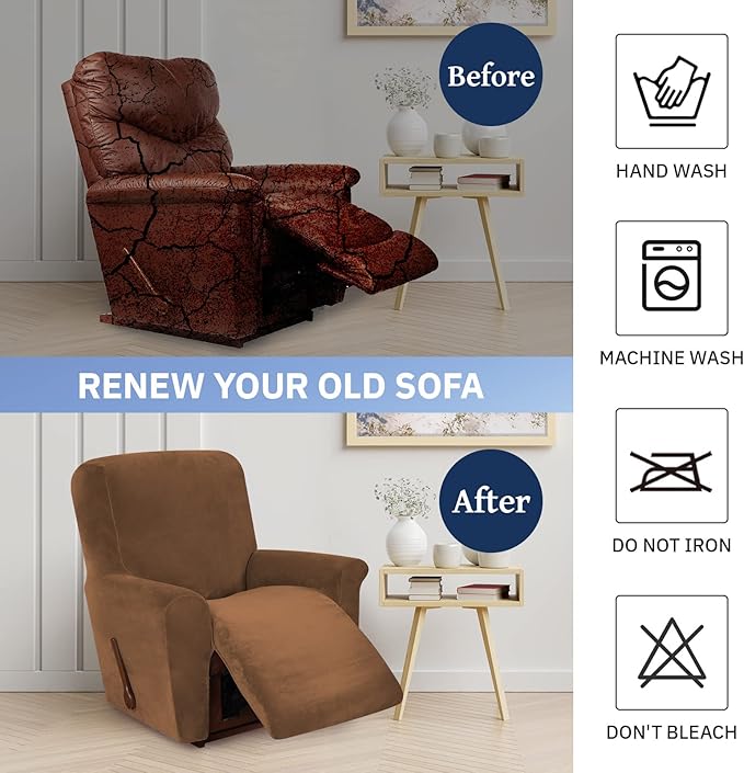 WEERRW Velvet Recliner Chair Cover 1 Piece High Stretch Recliner Couch Cover, Washable Furniture Protector with Non Slip Elastic Bottom for Kids and Pets, Camel