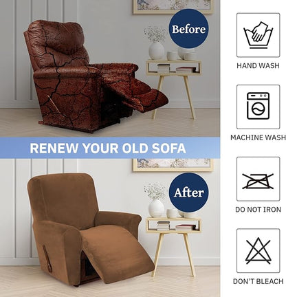 WEERRW Velvet Recliner Chair Cover 1 Piece High Stretch Recliner Couch Cover, Washable Furniture Protector with Non Slip Elastic Bottom for Kids and Pets, Camel