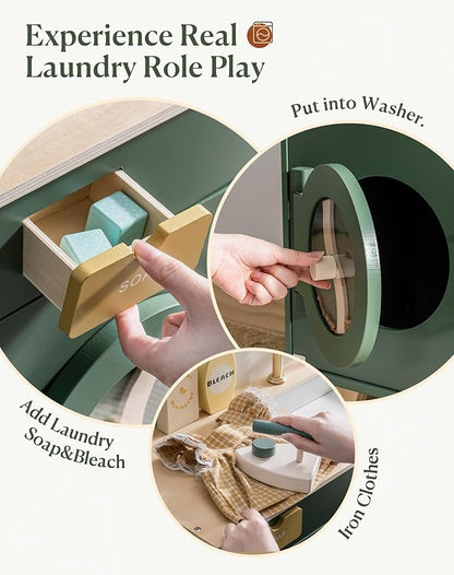 ROBOTIME Play Kitchen Set- Wooden Toy Washing Machine, Kids Washer and Dryer for Kids Kitchen Playset with Realist Sound/Iron, Pretend Play Kitchen for Toddlers (Vintage Green)