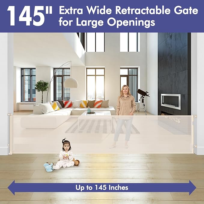 145 Inch Retractable Baby Gates Extra Wide Retractable Dog Gate for Large Openings – Indoor Extra Long Baby Gate Retractable Fence Outdoor Mesh Baby Gate Retractable Pet Gate Long Dog Gate, Beige