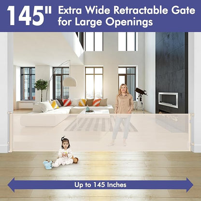 145 Inch Retractable Baby Gates Extra Wide Retractable Dog Gate for Large Openings – Indoor Extra Long Baby Gate Retractable Fence Outdoor Mesh Baby Gate Retractable Pet Gate Long Dog Gate, Beige
