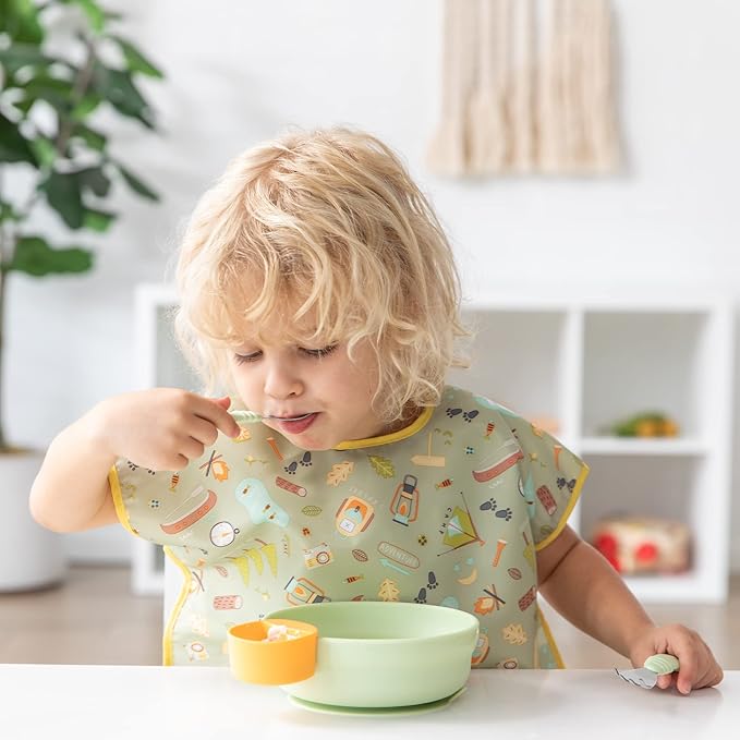 Bumkins Toddler Utensils, Kids Size Fork and Spoon Set, Silicone and Stainless-Steel Training Silverware, Angled Forks / Sporks for Self-Feeding, Children Hold Learning to Eat, 18 Mos Up, Sage Green