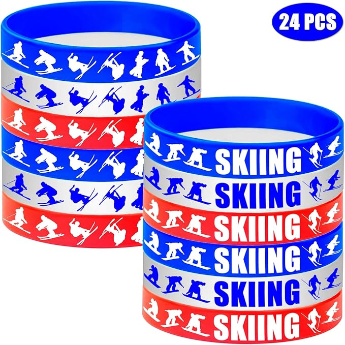 24PCS Skiing Themed Rubber Bracelets Sport Slicone Wristbands Snowboard/Skier Party Supplies Birthday Baby Shower Party Favors