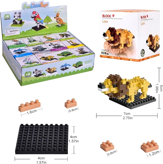FUN LITTLE TOYS Party Favor for Kids, Mini Animals Building Blocks Sets Goodie Bags Stuffers for Kid, Small Toy Prizes, 12Pack Birthday Party Favor Valentines Gifts for Kids Class Prize