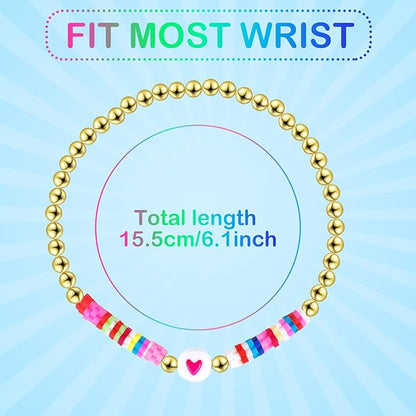 Sureio 24 Pcs Colorful Groovy Retro Friendship Bracelets Heart Hippie Surfer Friendship Bracelets Stretch Beaded Kids Bracelet for Tween Girls Women Groovy Party Favors