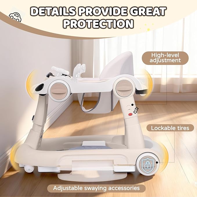 Baby Walker with Wheels, 5-in-1 Foldable Infant Toddler Walker for Boys Girls 6-18 Month, Music Walker for Baby with Car Steering Wheel &Removable Footrest,Baby Push Walker Beige