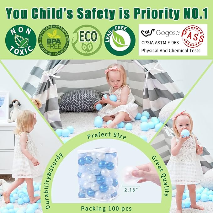 GOGOSO Ball Pit Balls - Phthalate BPA Free Non-Toxic Plastic Balls,Blue White Clear 100pcs 2.15inch Gift for Baby Shower, Birthday, DIY and Toddlers Play Party Decoration