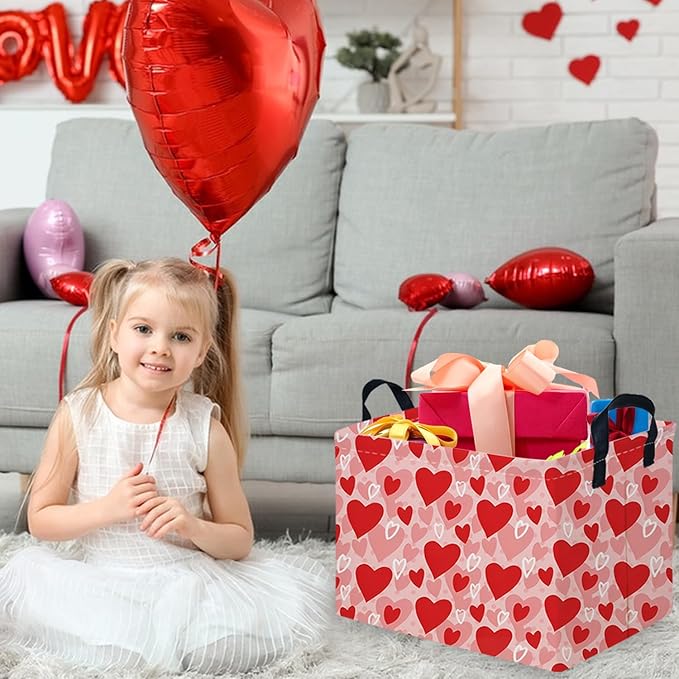 Rectangular Pink Valentine's Day Gift Basket,nursery basket,Pink girls gift baskets,kids toy storage Bin, Love Heart Room Decor for Home,Shelf Baskets(More Love)