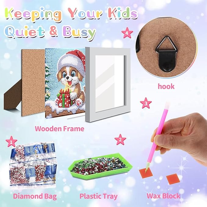 Christmas Diamond Art for Kids with Frame-Dog Kids Diamond Painting Kits,Animal Diamond Painting Kits for Kids 8-12 Full Drill Gem Art for Home Decor 7x7inch