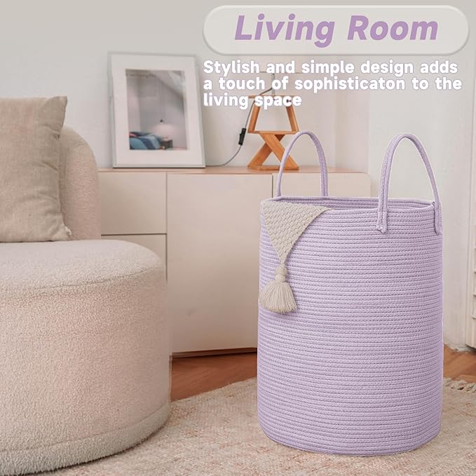 JMvicyroam Large Woven Laundry Basket Hamper,100L Cotton Rope Storage Bin for Blankets,Toys and Clothes,Decorative Tall Nursery Hamper for Living Room,Baby Nursery,Bathroom and Bedroom,Purple