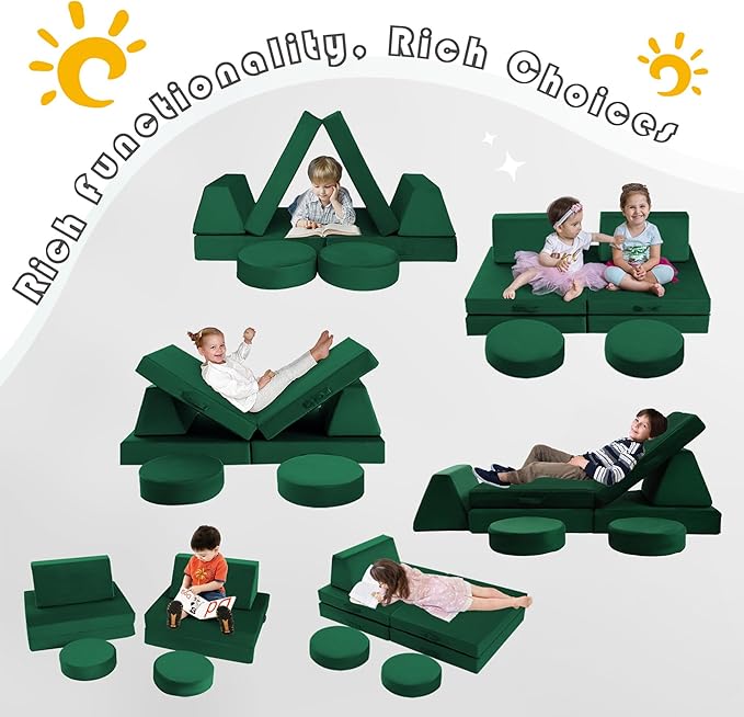 MeMoreCool 8-Piece Modular Kids Play Couch – Green Convertible Foam Toddler Sofa for Playroom, Fold-Out Baby Couch Play Set