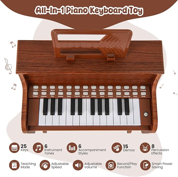 HONEY JOY Wooden Kids Piano, 25 Lighted Keys Kids Keyboard Piano w/Music Stand, Bench, Early Learning Educational Musical Instrument, Baby Music Toy for 3+ Years Old Toddlers Boys Girls (Brown)