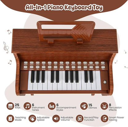 HONEY JOY Wooden Kids Piano, 25 Lighted Keys Kids Keyboard Piano w/Music Stand, Bench, Early Learning Educational Musical Instrument, Baby Music Toy for 3+ Years Old Toddlers Boys Girls (Brown)