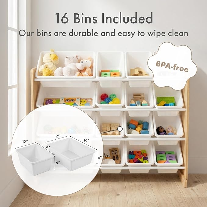 Humble Crew Toy Storage Organizer with 16 Removable Storage Bins for Kids Playroom, 4-Tier Toddler Toy Organization and Storage, Natural Wood/White