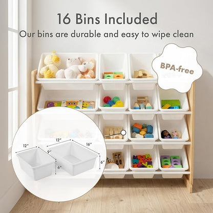 Humble Crew Toy Storage Organizer with 16 Removable Storage Bins for Kids Playroom, 4-Tier Toddler Toy Organization and Storage, Natural Wood/White