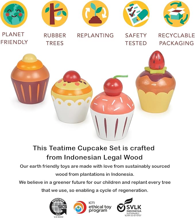 Mentari Toys - Teatime Cupcake Set - 4pc Wooden Cupcake Play Food Set - Pretend Play Kitchen and Market Food Accessories - Encourages Role Play and Develops Social Skills - Gift for Toddlers - Age 3+