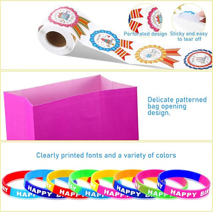 Leinuosen 248 Pcs School Supplies for Kids Classroom Include 200 Happy Birthday Badge Stickers Roll 24 Birthday Bracelets and 24 Rainbow Paper Gift Bag for Teacher Student School Decor (Bright Color)