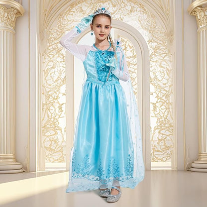 Elsa Costume for Girls 3-10 - Elsa Dress with Accessories - Princess Dress Up Clothes for Various Holiday Parties