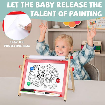 Kids Art Easel, Tabletop Easel for Kids,Wooden Double Sided Kids Easel with Magnetic Whiteboard,Chalkboard and Paper Roll,Great for Girls Boys Ages 3 4 5 Gift