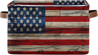 AUUXVA American Flag Patriotic Wooden Storage Basket Bin Memorial Day Large Fabric Toys Storage Cube Box with Handles Collapsible Closet Shelf Cloth Organizer Basket for Nursery Bedroom Bathroom