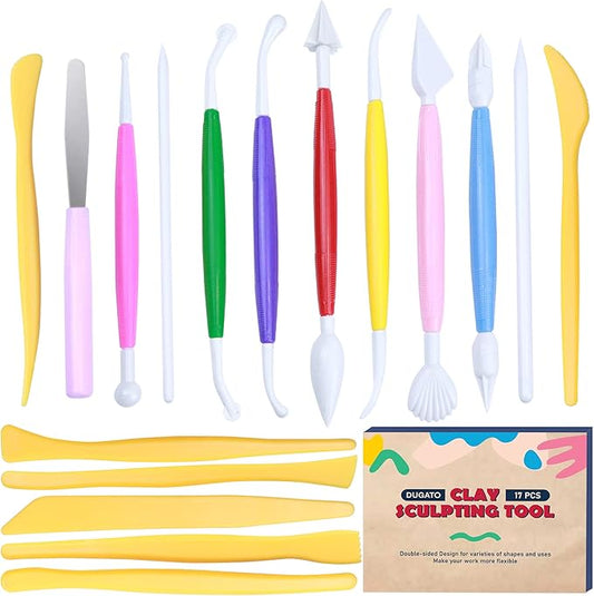 DUGATO Clay Modeling Tools, 17pcs Plastic Ceramic Pottery Tool Set, Double-Head Design, Assorted Colors, for Shaping and Sculpting, Cake Decorating Supplies Kit for Beginners DIY Craft