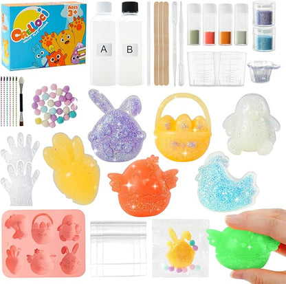 Crelloci Glow in the Dark Squishy DIY Kit for Kids 6+, Easter Animal Squishy Making Craft Set with Silicone Mold, Glow Powder, Glitter & Charms, Sensory Fidget Toy, Easter Basket Stuffer Gift
