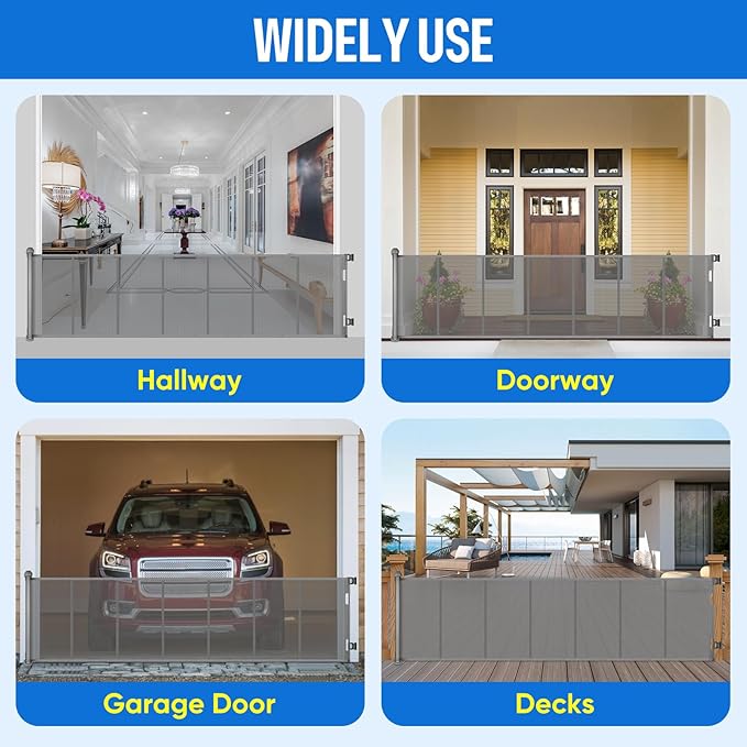 34X100” Extra Wide Retractable Baby Gate, Extra Wide Safety Kids or Pets Gate, 34” Tall, Extends to 100” Extra Wide, Mesh Safety Dog Gate for Stairs, Indoor, Outdoor, Doorways, Hallways