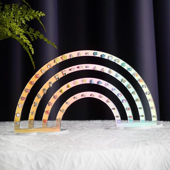NiHome Iridescent Earring Organizer Set - 74-Hole Display Rack for Studs, Dangles and Hoops - Rainbow Iridescent Finish - Clear Acrylic - Ideal for Girls and Women