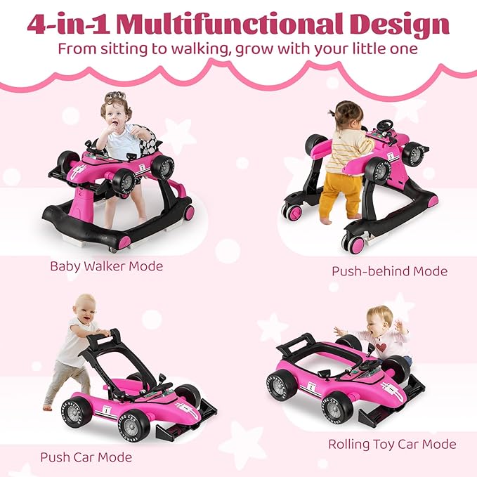 GLACER Foldable Baby Walker, 4-in-1 Infant Walker with Adjustable Height & Speed, Music, Light, Steering Wheel & Washable Cushion, Baby Walker Activity Center for Boys Girls 6 –18 Months (Pink)