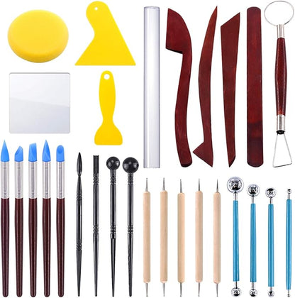 Swpeet 29Pcs Hand Modeling Clay Sculpting Tools Kits, Ball Stylus Tool, Wooden Dotting Tools, Rubber Tip Pens, Sculpture Knives, Ceramic Pottery Tools Sculpting Kit for Making Modeling Clay
