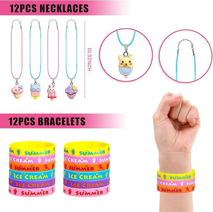 110 PCS Ice Cream Party Favors Cute Ice Cream Necklace Goodie Bags with Keychains, Stickers, Rubber Bracelets, Button Pins and Bags for Summer Themed Birthday Party Baby Shower